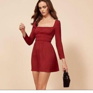 Reformation Square Neck Long Sleeve Elegant Red Smocked A-Line Dress Sz Small